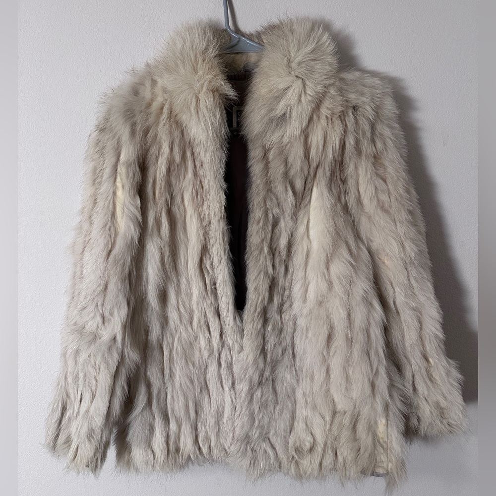 Saga Fox Elegant Fur Coat long sleeve white grey and cream size large